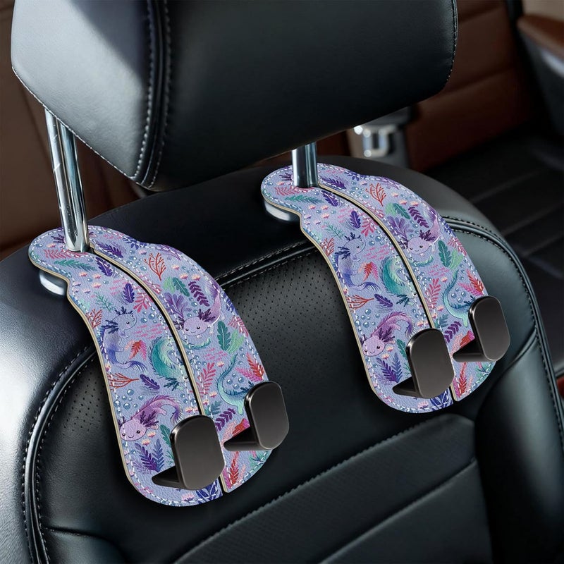 Blusabaca 2PCS Car Seat Back Storage Headrest Hooks, Cute Axolotl Purse Holder Bags Hanger, PU Leather Double Metal Hook for Backseat Organizer, Women Car Accessories Organization - Image 1